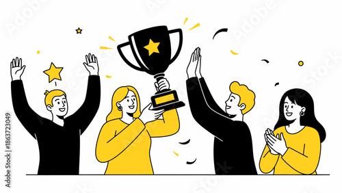 Celebrating Victory: Cheerful Team Holding Trophy with Confetti and High-Fives for Success and Achievement