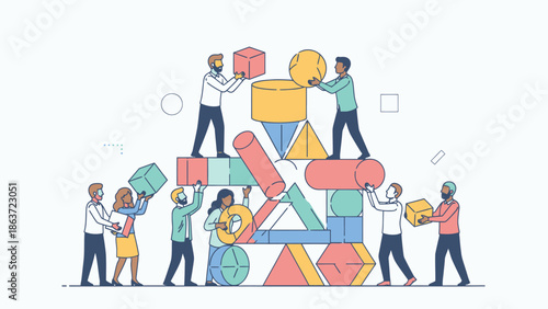 Collaborative Team Building Collaborates with Creative Block Stacking and Geometric Shapes for Business Innovation and Teamwork Concepts