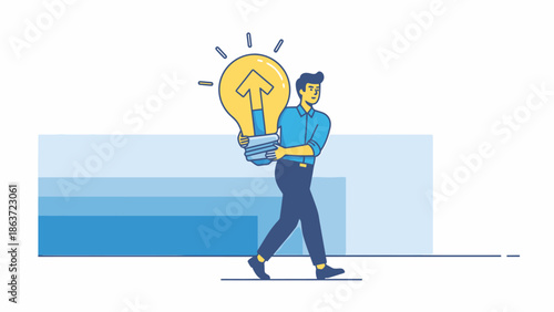 Creative Businessman Carrying a Light Bulb with a Upward Arrow for Innovation and Idea Generation in the Workplace