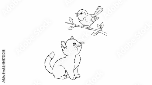 Cute kitten looking up at a small bird perched on a branch.