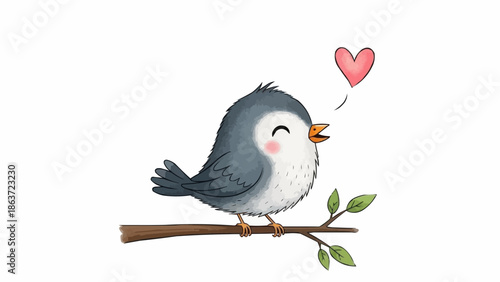 Cute cartoon bird sitting on a branch with a heart symbol.