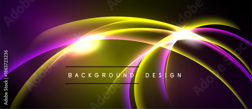 Abstract design features vibrant purple, yellow curves. Light radiates from central point, creating dynamic visual effect. Background is black.