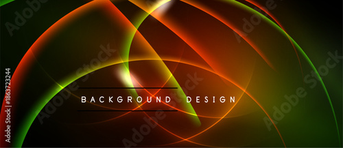 Abstract design features flowing curves, vibrant colors. Dark background emphasizes bright orange, green, yellow elements. Modern aesthetic.