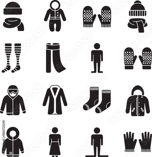 black and white icons of winter clothing and accessories
