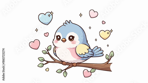 Cute cartoon blue bird sitting on a branch with hearts.