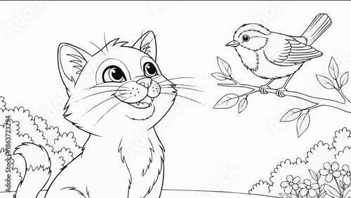 Cute cartoon cat looking up at a small bird on a tree branch.