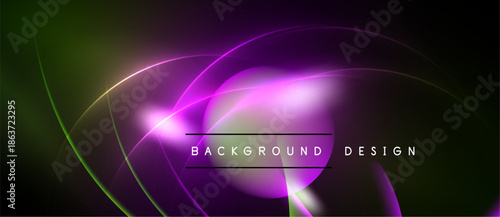 Abstract neon lights create vibrant curves, gradients. Dark background emphasizes glowing purple, green elements. Modern design.
