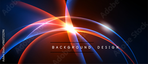 Abstract design features vibrant blue, red curves. Bright central glow creates dynamic visual impact. Background is dark, sleek.