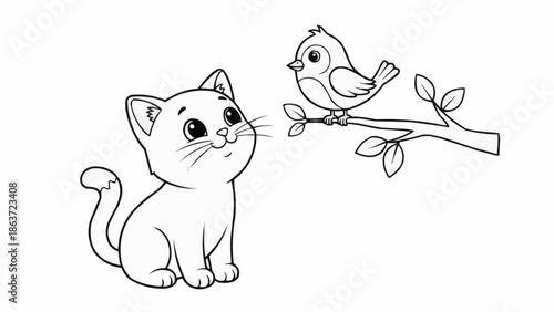 Cute cartoon kitten looking up at a small bird on a tree branch.