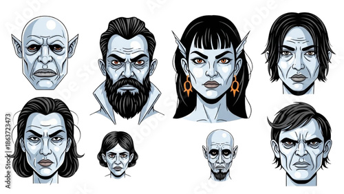 A collection of fantasy character faces, including elves and humans, illustrated in a detailed graphic style on a white background