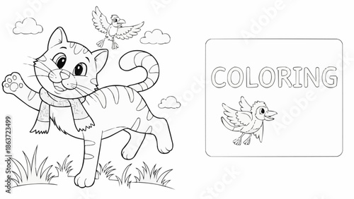 Cute cartoon cat with scarf and birds for coloring book page.