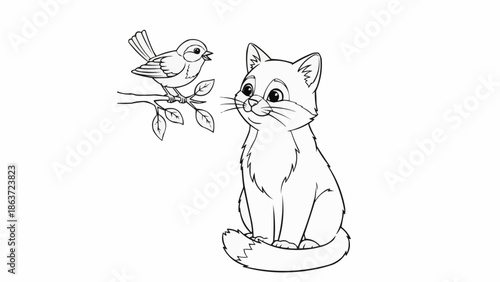Cute cartoon cat looking up at a small bird on a branch.
