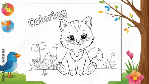 Cute kitten and bird coloring page for children.