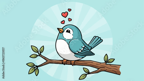 Cute cartoon bird sitting on a branch with hearts above.