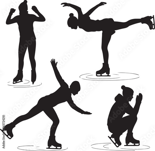 Four silhouettes of people ice skating in various poses on white