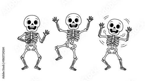 Three skeletons dancing in a joyful celebration, showcasing their lively movements and carefree spirit in a minimalist illustration.