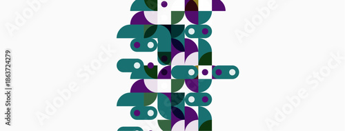 Abstract geometric shapes, purple, green, white. Modern design, overlapping forms create interesting visual texture. Minimalist aesthetic.