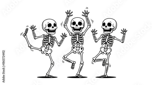 Three skeletons dancing together in a lively and energetic pose, captured from a straightforward viewpoint.