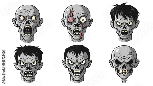 A collection of undead creatures with varying facial expressions and injuries, illustrated in grayscale.