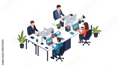 Isometric Illustration of Business Professionals Collaborating in a Modern Office Workspace