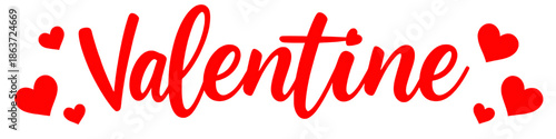 Red handwritten Valentine lettering surrounded by heart shapes isolated on white background representing love romance and Valentine’s Day celebration.