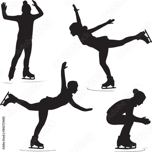 figure skaters in various poses on ice rink