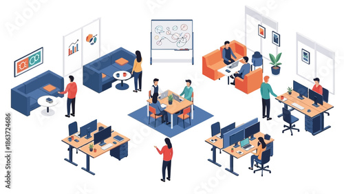 Dynamic open-plan office environment showing diverse professional teams at work and collaborating