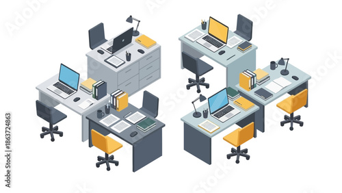 Organized modern office environment featuring multiple empty workstations and laptops, isometric illustration.