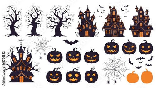 A spooky Halloween scene featuring haunted houses, bare trees, and jack-o-lanterns on a dark background