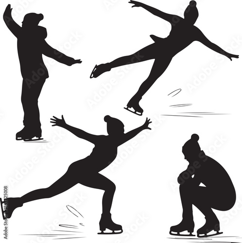 Silhouettes of people ice skating in various poses on white background