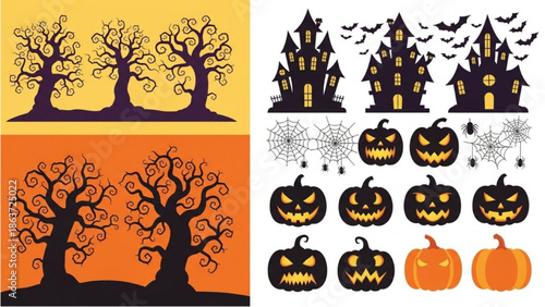 Halloween illustrations featuring spooky houses, bare trees, and carved pumpkins in a dark and eerie atmosphere