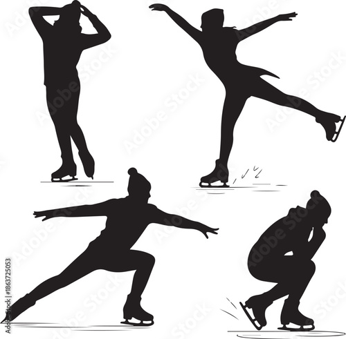 silhouette of four figure skaters in different poses on ice