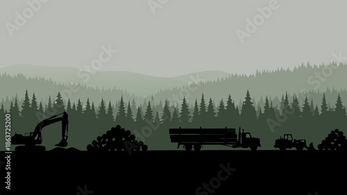 Logging Industry Vector Illustration Forest Resource Management and Transportation with Heavy Machinery