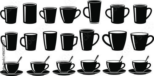 Black silhouette icons of coffee mugs tea cups and saucers with spoons isolated on white background for cafe restaurant design