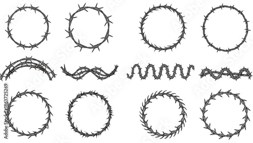 Collection of various black barbed wire frames and shapes on a white background