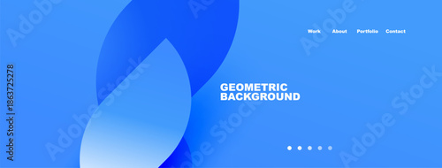Blue abstract shapes form background. Text reads Geometric Background with navigation options visible. Simple, clean design.