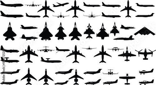 Aircraft Silhouettes Collection Featuring Commercial Airplanes Fighter Jets Military Transports Private Business Corporate Jets and Propeller Planes Vector Icon Set