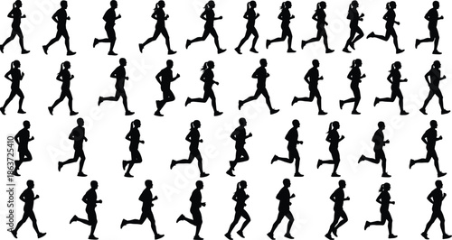 Collection of various running man and woman silhouettes in different poses and motion stages for sports fitness and marathon design.