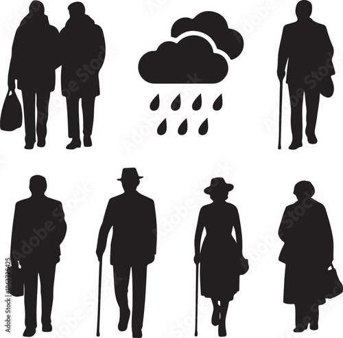 silhouette of people walking in the rain with clouds