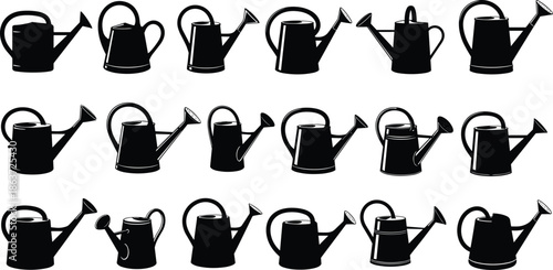 Collection of Silhouette Watering Can Icons Set Isolated on White Background for Gardening Maintenance Horticulture Equipment and Plant Care Vector