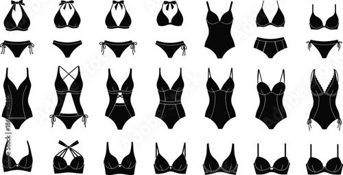 Collection of Women's Swimwear and Lingerie Silhouette Icons Featuring Various Bikini Sets, One-Piece Swimsuits, Underwear, and Bra Styles for Fashion Design.