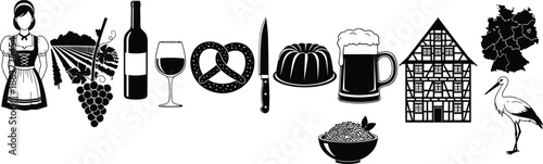 German Culture and Tradition Vector Set with Dirndl Woman Grapes Wine Pretzel Bundt Cake Beer Spaetzle Timber House Map and Stork