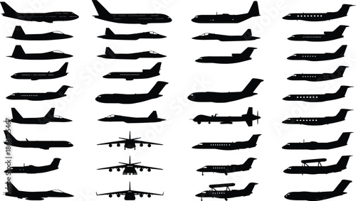 Large Collection of Airplane Silhouettes Featuring Commercial Airliners Private Jets Military Fighter Planes Cargo Aircraft and Modern Aviation Icons Set