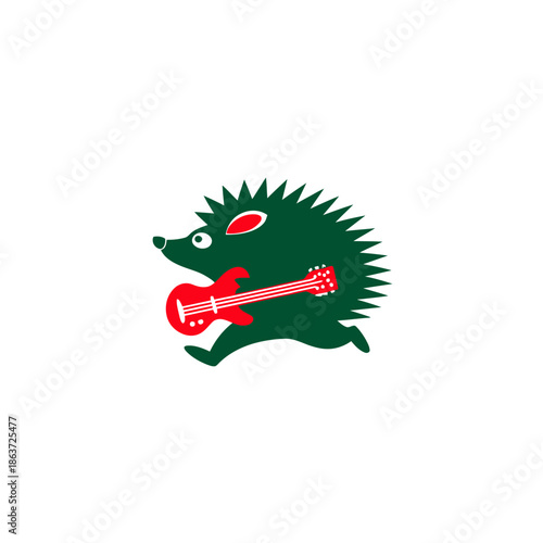 Cartoon hedgehog plays electric guitar on white background