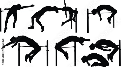 High Jump Athlete Silhouette Set Performing Fosbury Flop Technique Over Bar Track and Field Sports Competition Action Vector Illustration Icons