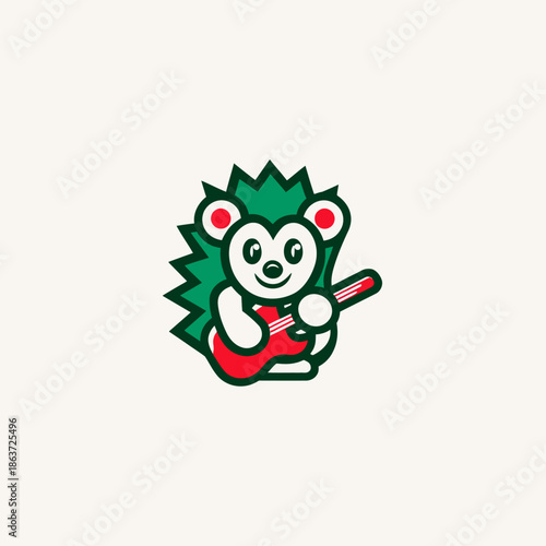Cartoon hedgehog playing red guitar illustration on white background