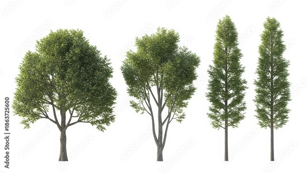 Fototapeta premium 3D Rendered Trees Isolated on White Background, Variety of Tree Types, Nature Concept