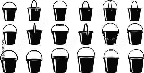 Set of black bucket icons and silhouettes with various handles for garden cleaning construction and household utility equipment vector illustrations
