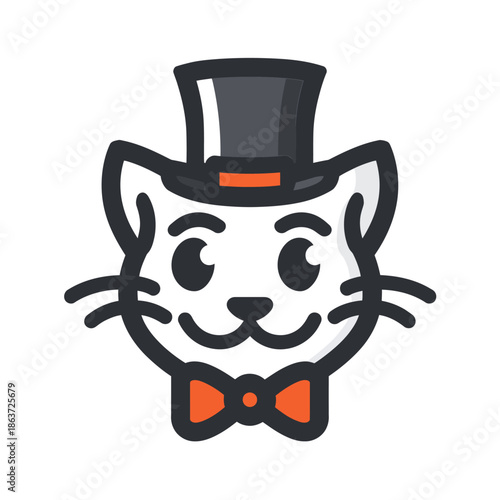Stylized cat icon wearing top hat and bow tie on white background
