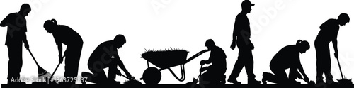 Silhouettes of male and female gardeners and landscapers working with rakes, shovels, wheelbarrows, and tools for yard maintenance and gardening.